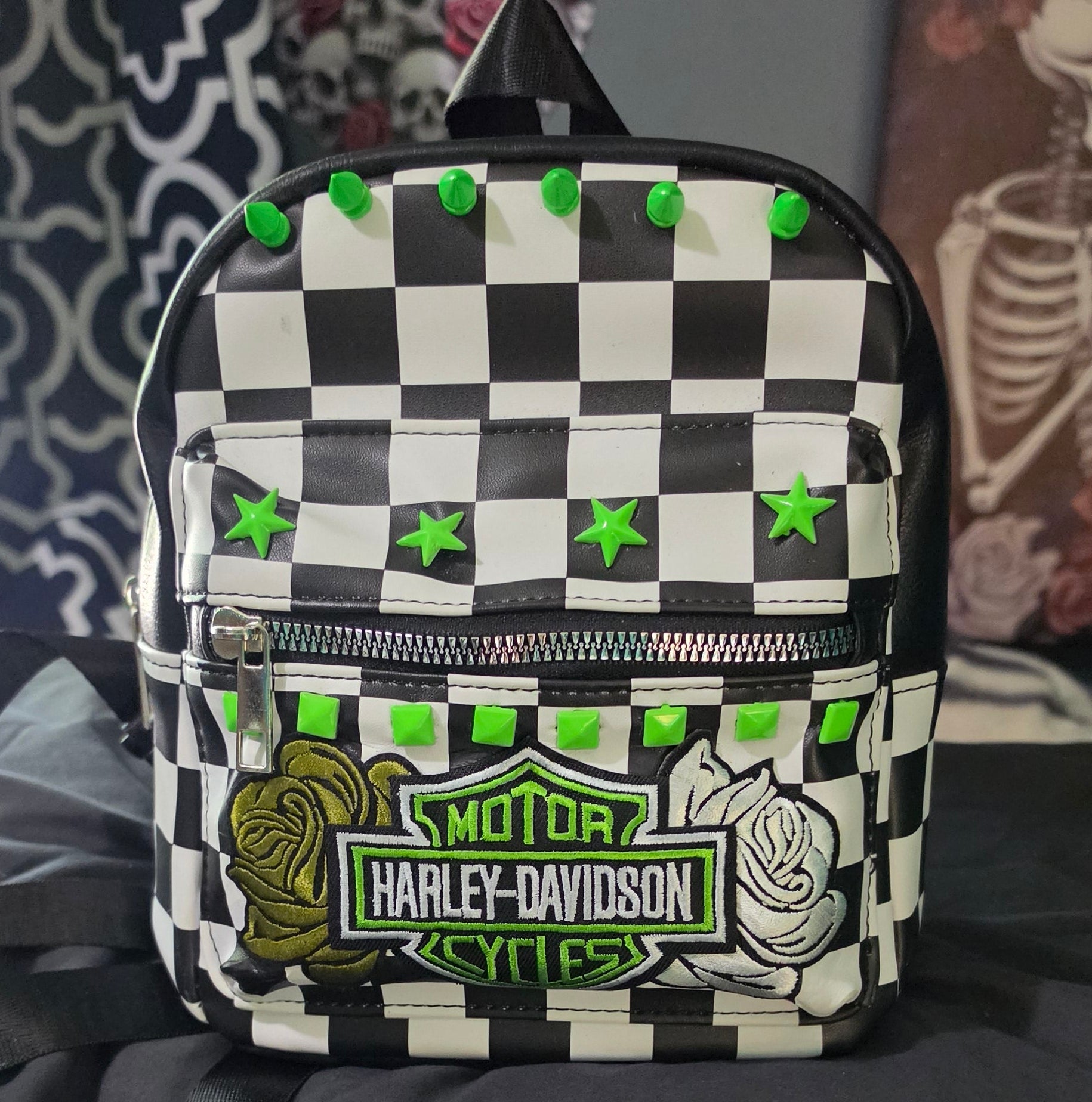 Neon Green Checkered Mini Backpack with Patch | Punk Rock Backpack | Studded Black & White Checker Bag | Alternative Goth Mini Backpack | Handmade Backpack