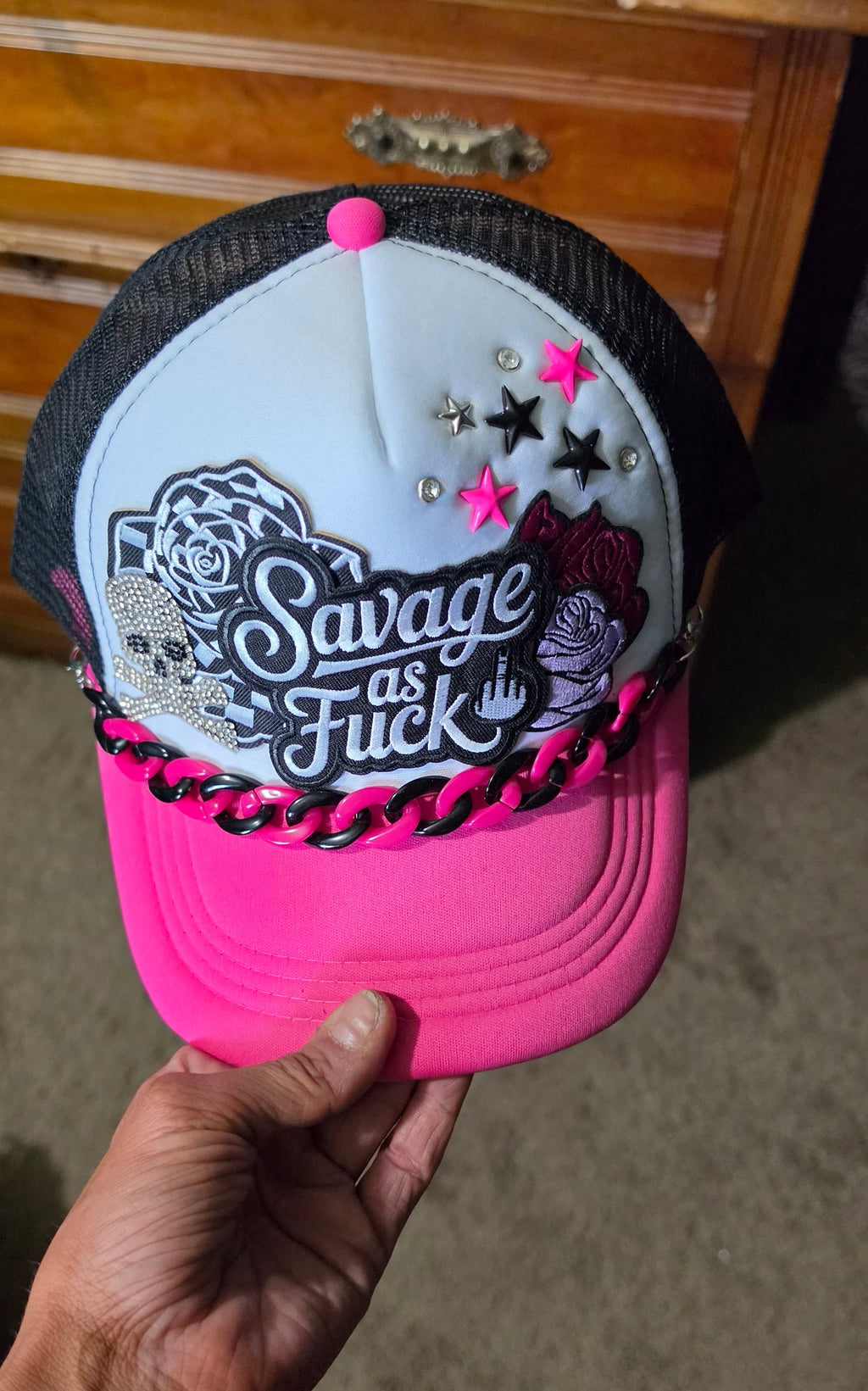 Savage As F*** Trucker Hat – Pink Black & White Snapback with Hat Chain, Sassy Patch Hat, Edgy Biker Babe Cap