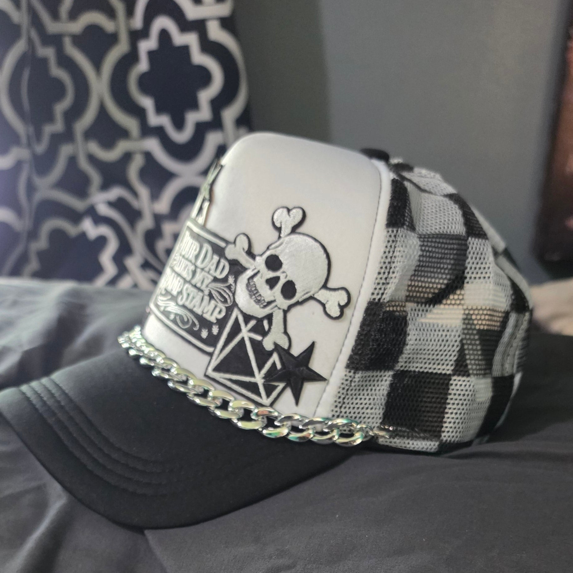 Your Dad Likes My Tramp Stamp Black and White Checkered Trucker Hat | Funny Snapback Hat | Retro Mesh Cap | Sarcastic Gift for Her