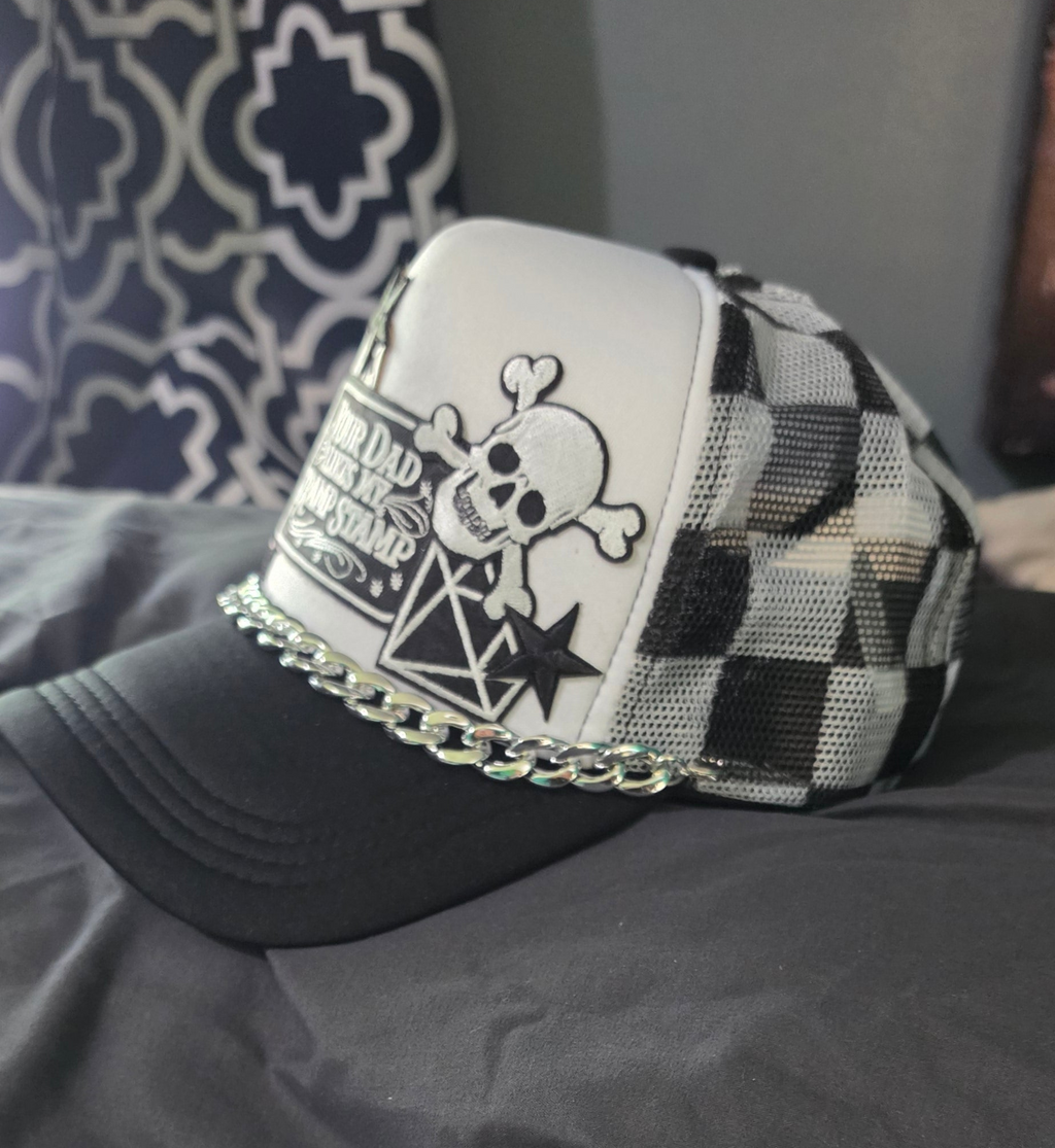 Your Dad Likes My Tramp Stamp Black and White Checkered Trucker Hat | Funny Snapback Hat | Retro Mesh Cap | Sarcastic Gift for Her