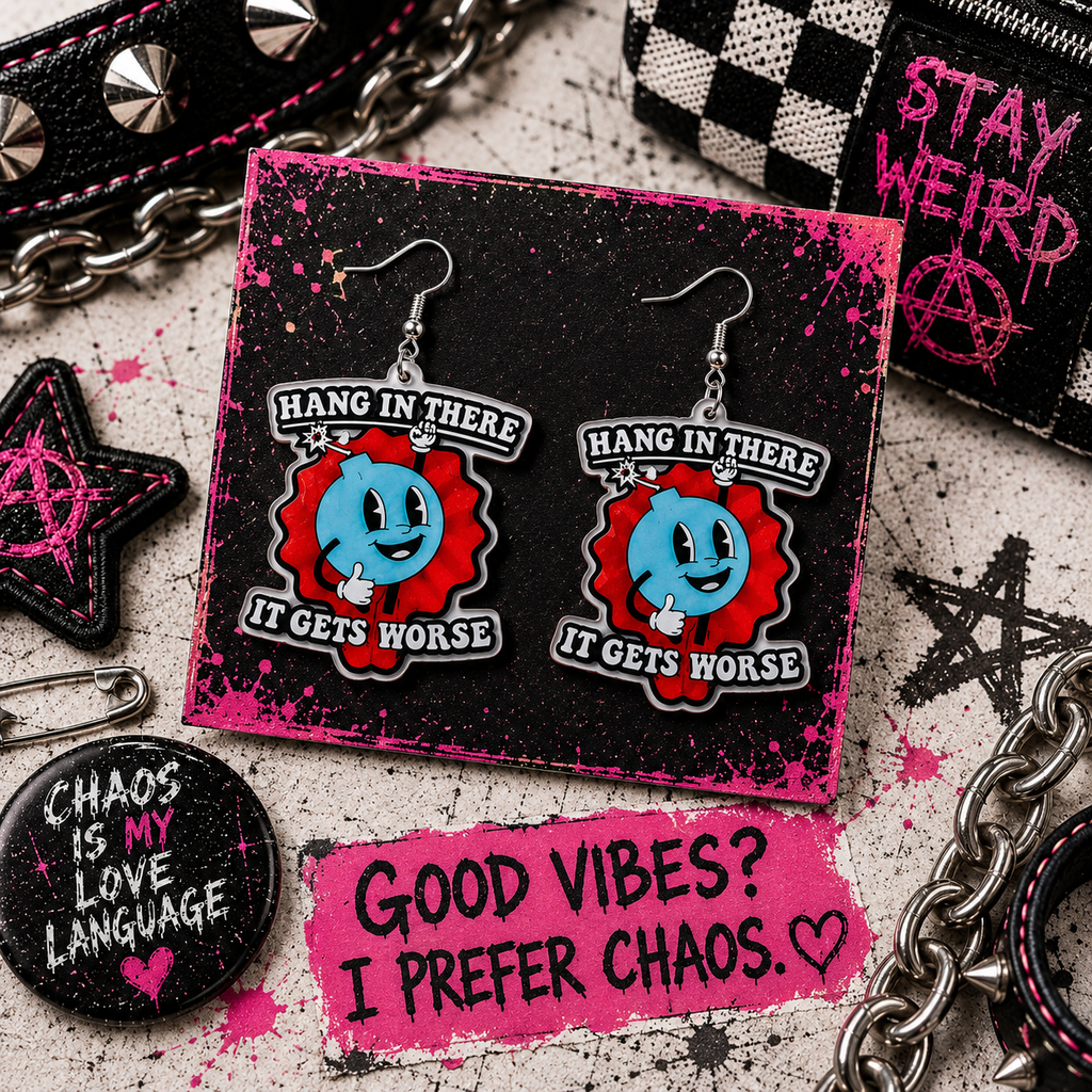 Sarcastic Bomb Dangle Earrings: Blue Acrylic with Bold White Lettering