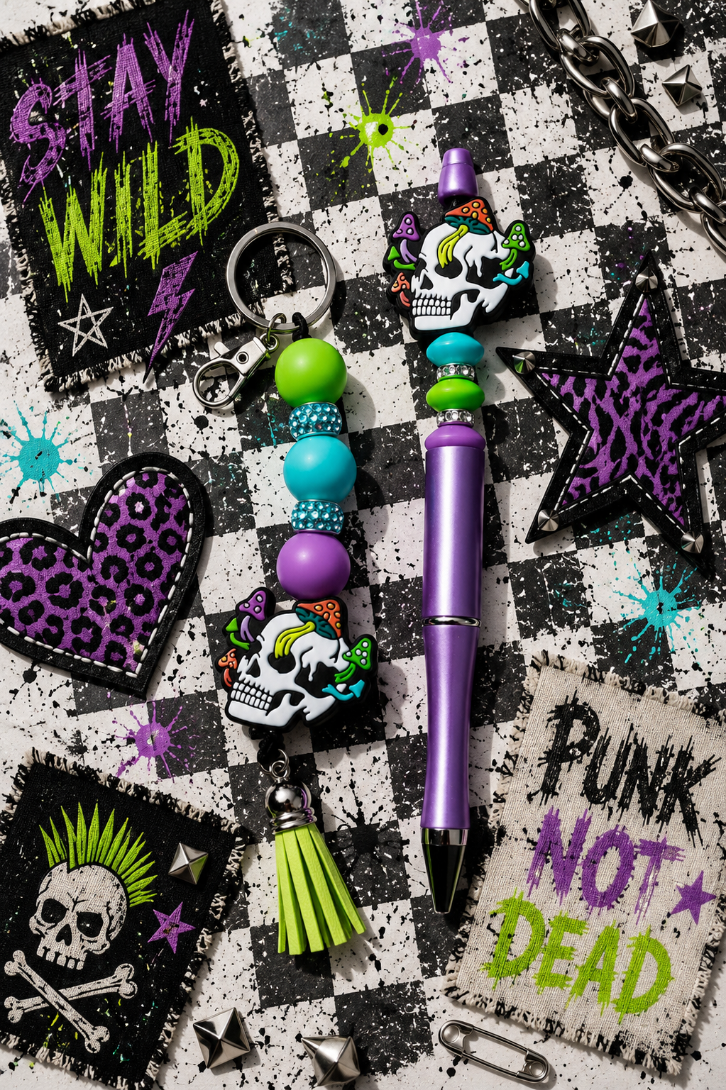 Skull Mushroom Beaded Keychain, Pen & Sticker Gift Set | Gothic Cute Handmade Gift | Alt Aesthetic Stationery Set | Spooky Gift for Her
