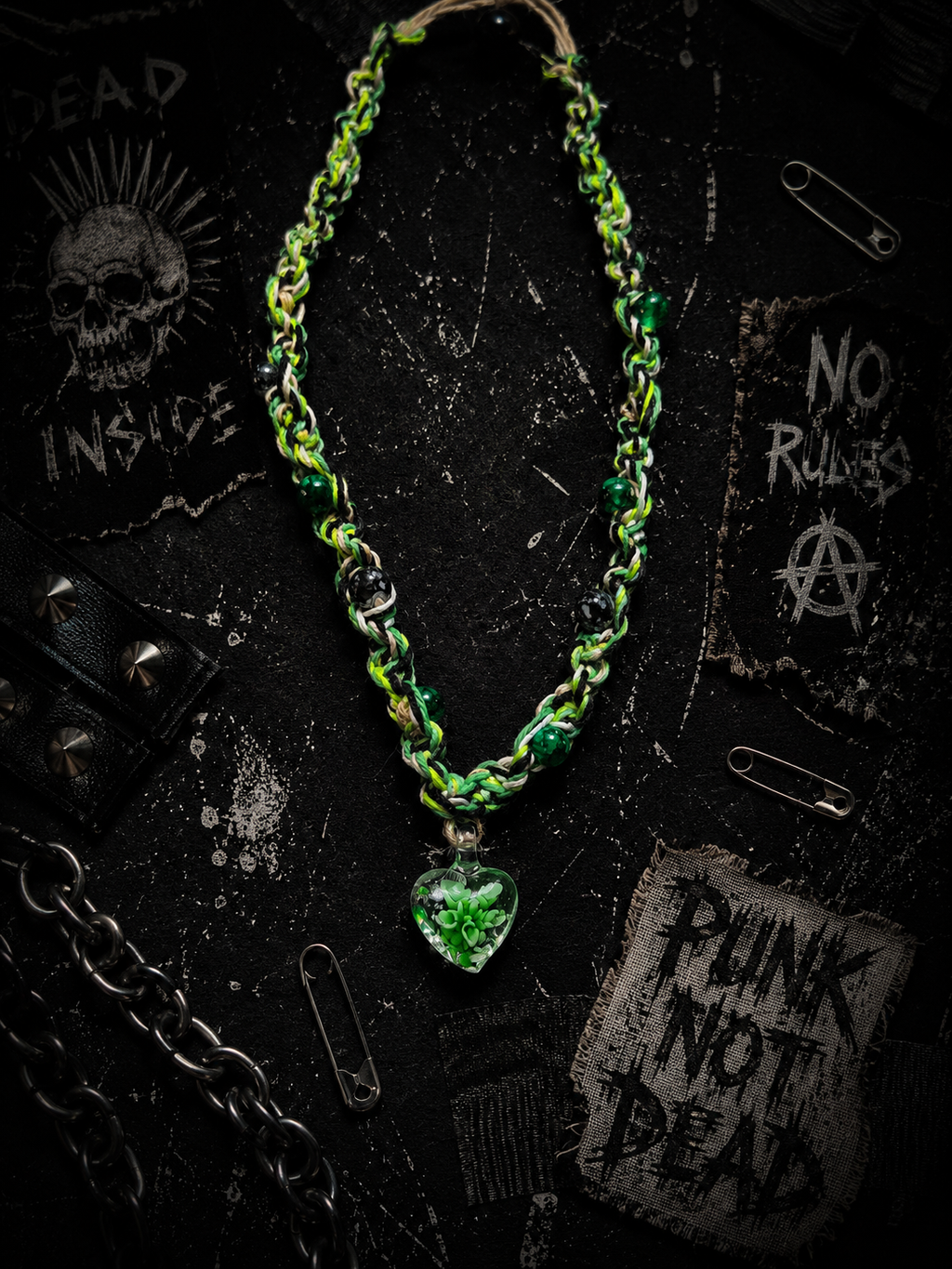 Green Black White & Tan Hemp Necklace – Handmade Boho Hemp Jewelry with Blown Glass Heart Pendant