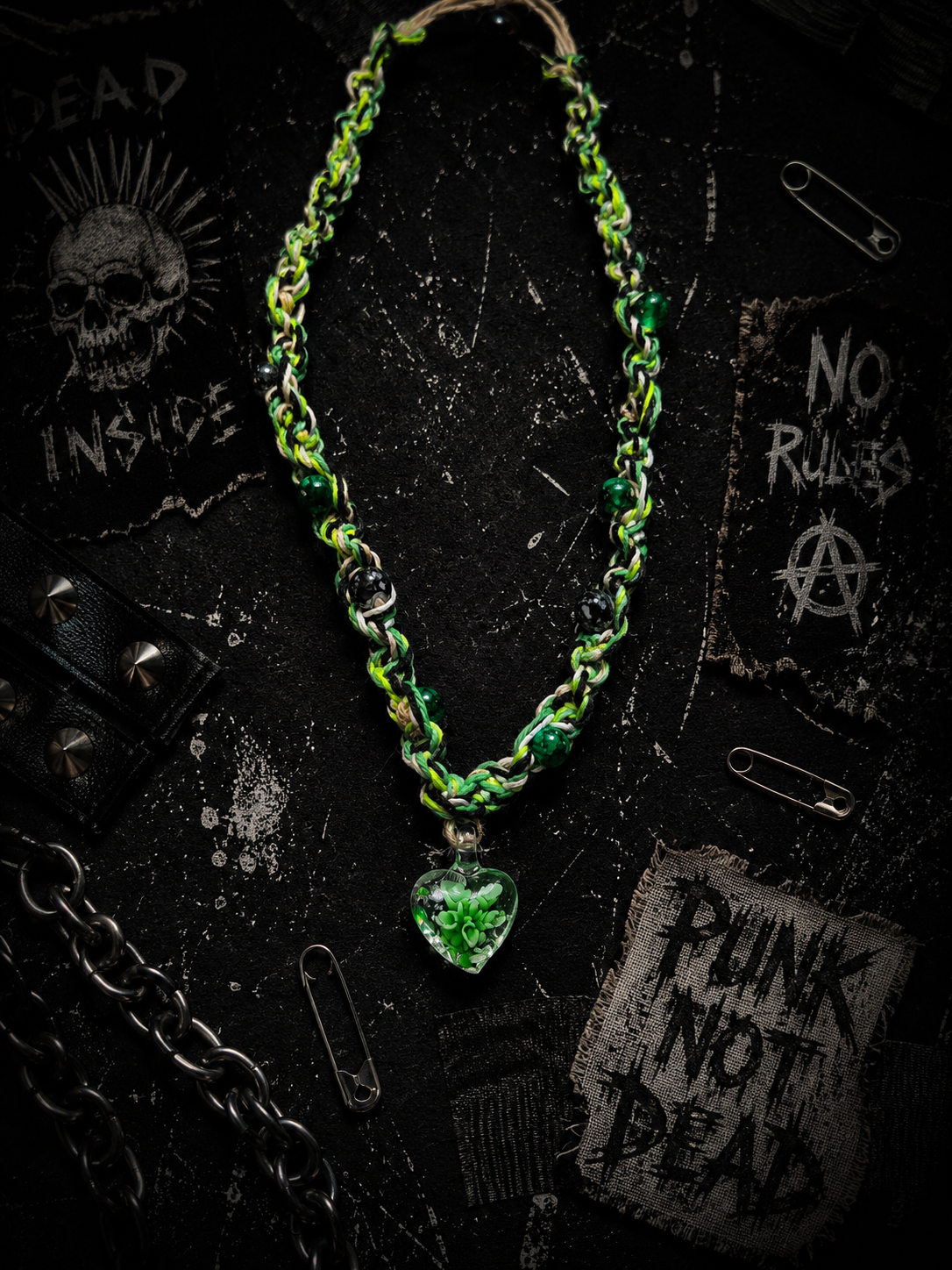 Green Black White & Tan Hemp Necklace – Handmade Boho Hemp Jewelry with Blown Glass Heart Pendant