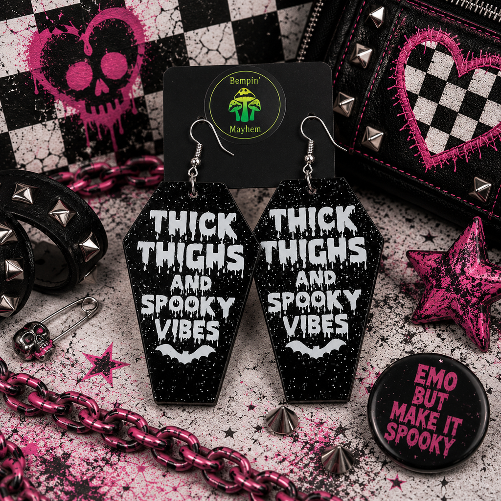 Coffin Halloween Earrings: Thick Thighs Spooky Vibes, Black Acrylic