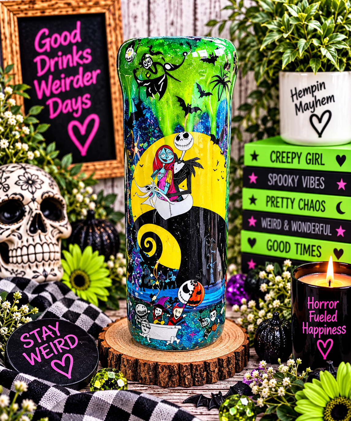 Halloween Glitter Tumbler, Stainless Steel Cup with Epoxy Finish and Metal Straw