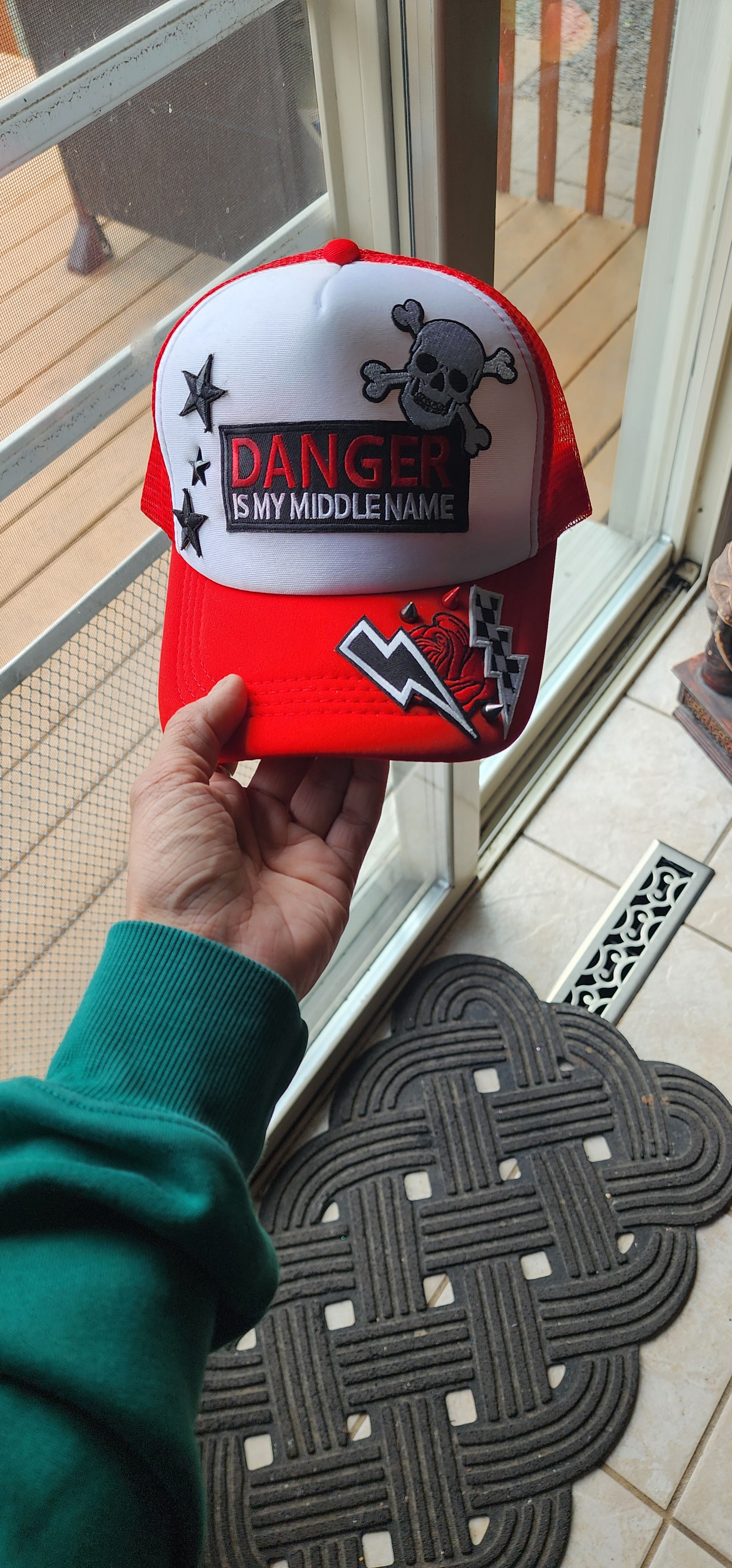 Danger Is My Middle Name Trucker Hat – Red & White Patch Snapback, Edgy Graphic Trucker Cap, Retro Western Biker Hat