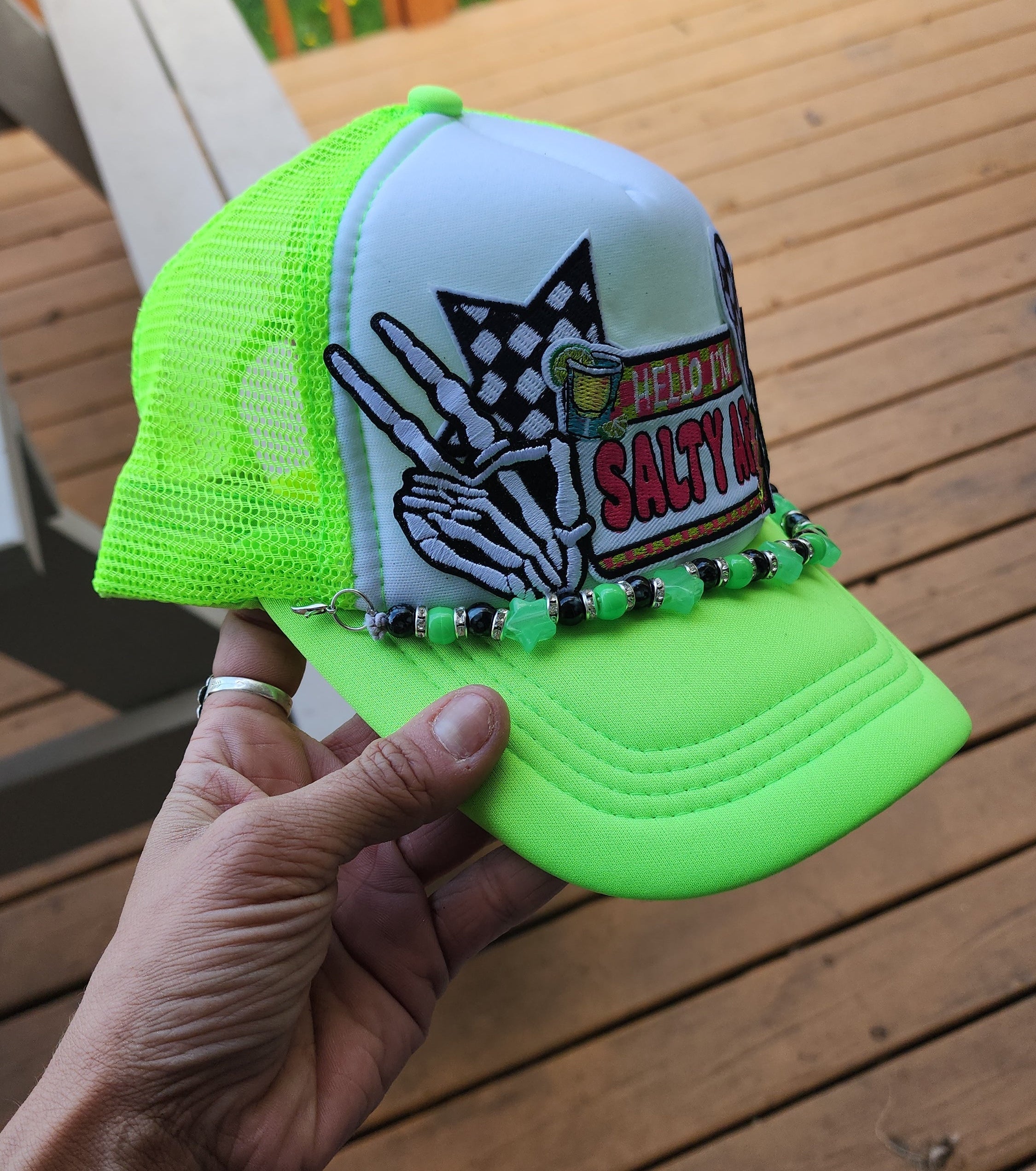 Salty AF Trucker Hat – Neon Green & White Snapback with Checkered Patches, Edgy Festival Hat, Alternative Streetwear Cap