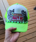 Salty AF Trucker Hat – Neon Green & White Snapback with Checkered Patches, Edgy Festival Hat, Alternative Streetwear Cap