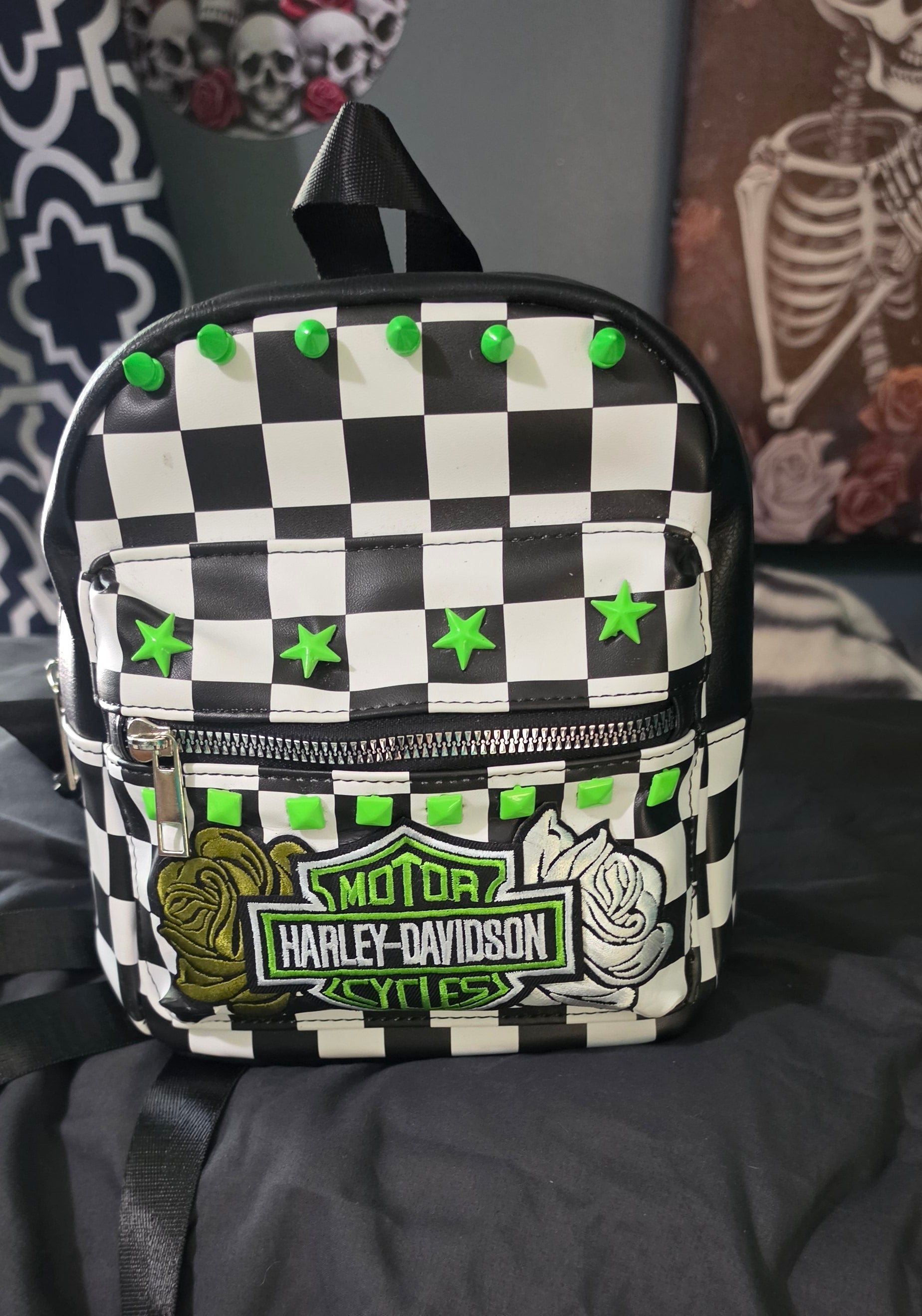 Neon Green Checkered Mini Backpack with Patch | Punk Rock Backpack | Studded Black & White Checker Bag | Alternative Goth Mini Backpack | Handmade Backpack