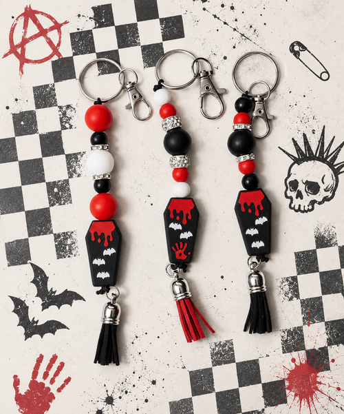 Coffin Cutie Beaded Keychain | Gothic Halloween Keychain | Spooky Cute Bag Charm | Witchy Gift for Her | Creepy Cute Accessory