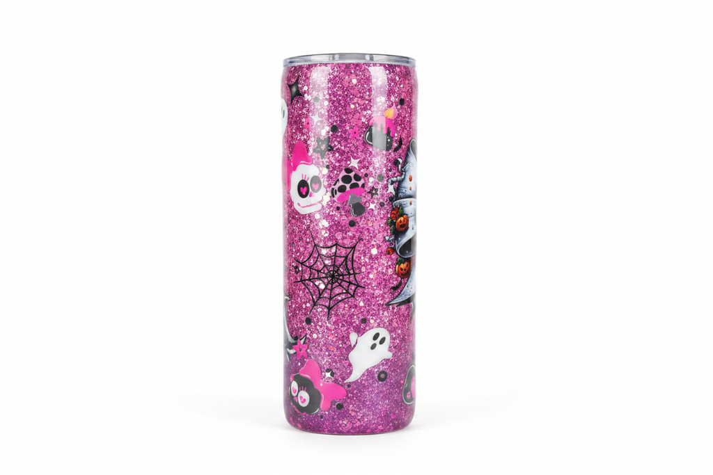 Pink Bow Spooky Tumbler 20oz – Cute Ghost Epoxy Cup, Kawaii Halloween Drinkware, Glitter Stainless Steel Coffee Cup