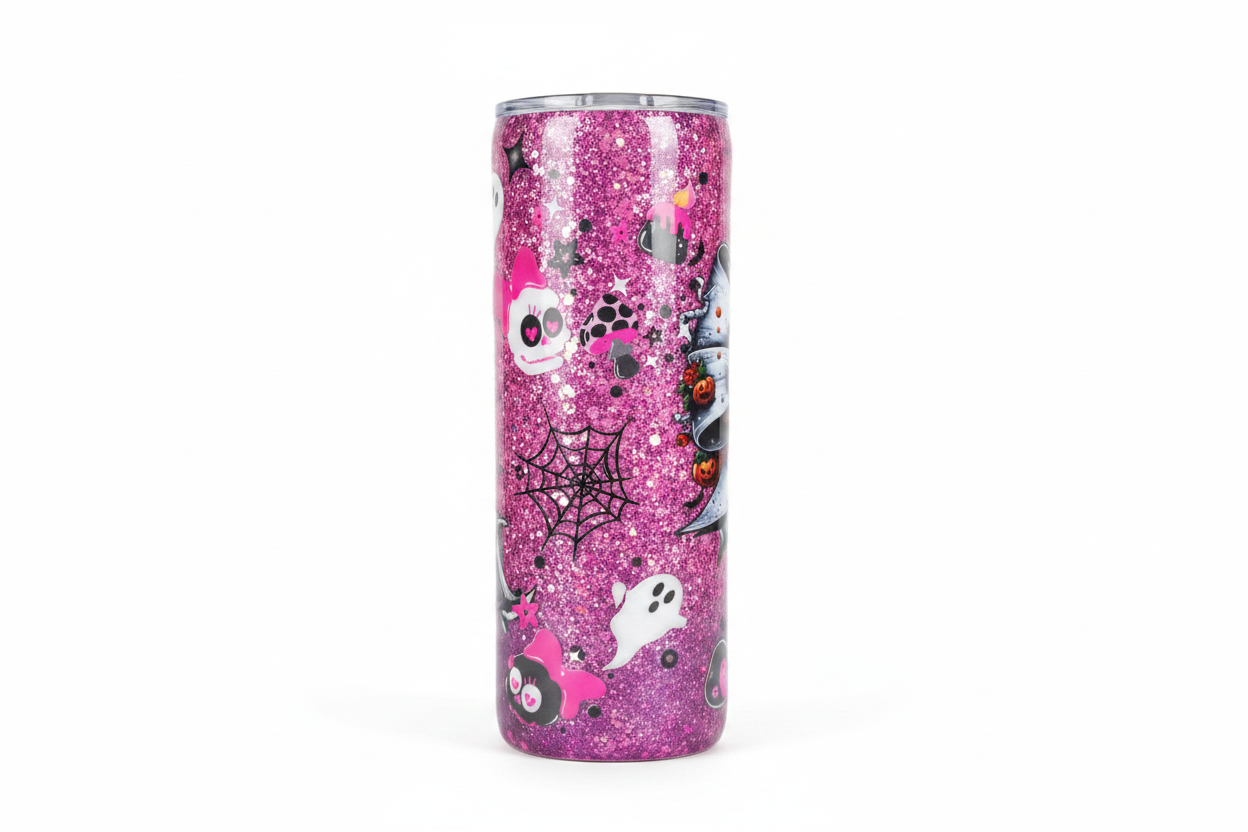 Pink Bow Spooky Tumbler 20oz – Cute Ghost Epoxy Cup, Kawaii Halloween Drinkware, Glitter Stainless Steel Coffee Cup