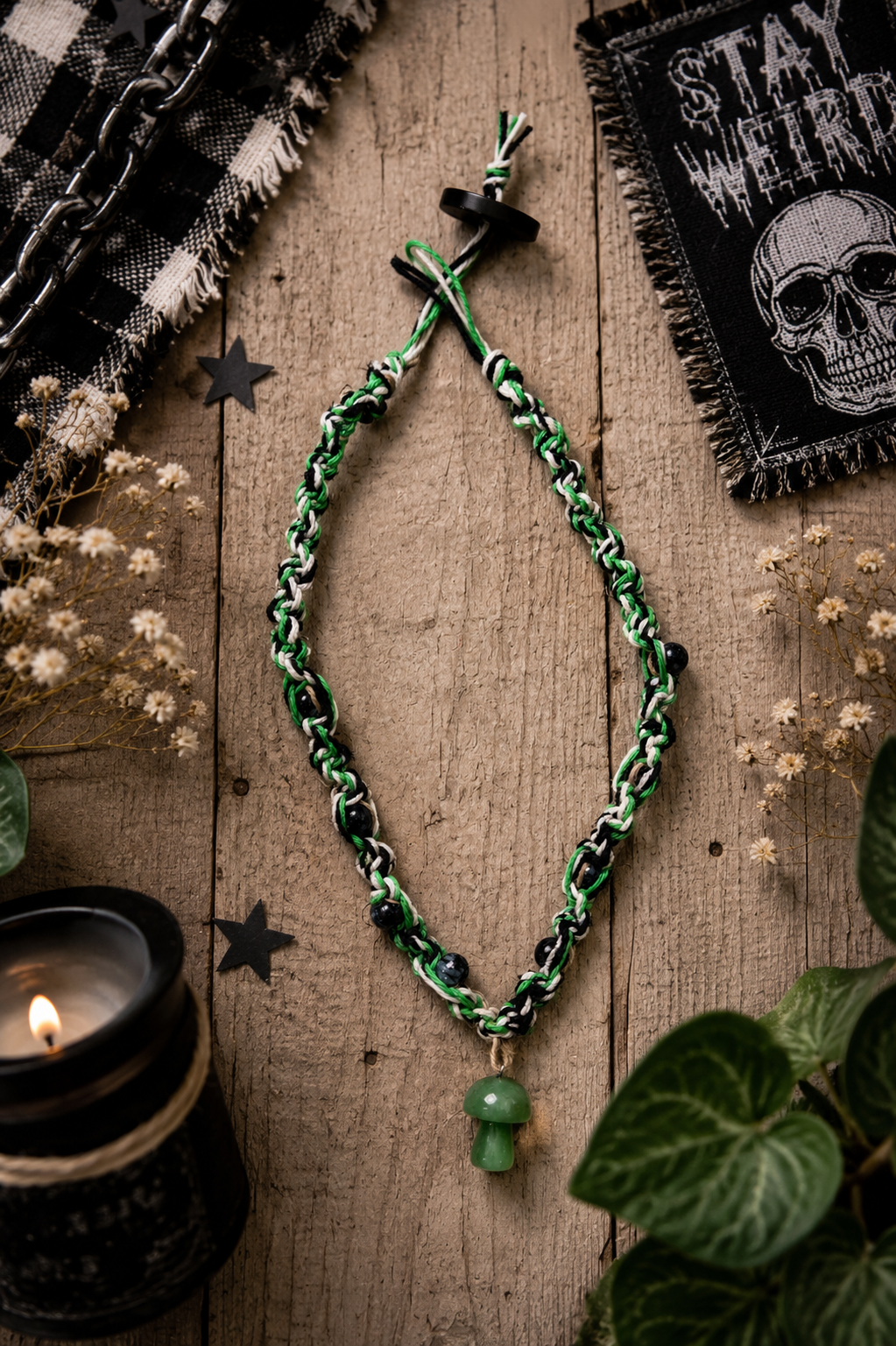 Green Mushroom Hemp Necklace | Handmade Boho Hemp Cord Necklace | Alternative Nature Jewelry
