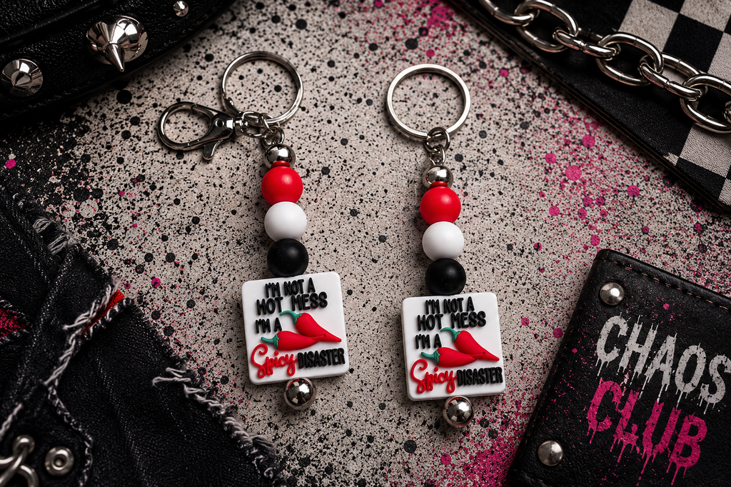 I'm Not a Hot Mess, I'm a Spicy Disaster Handmade Beaded Keychain | Funny Sarcastic Gift | Black, White & Red Silicone Bead Keychain