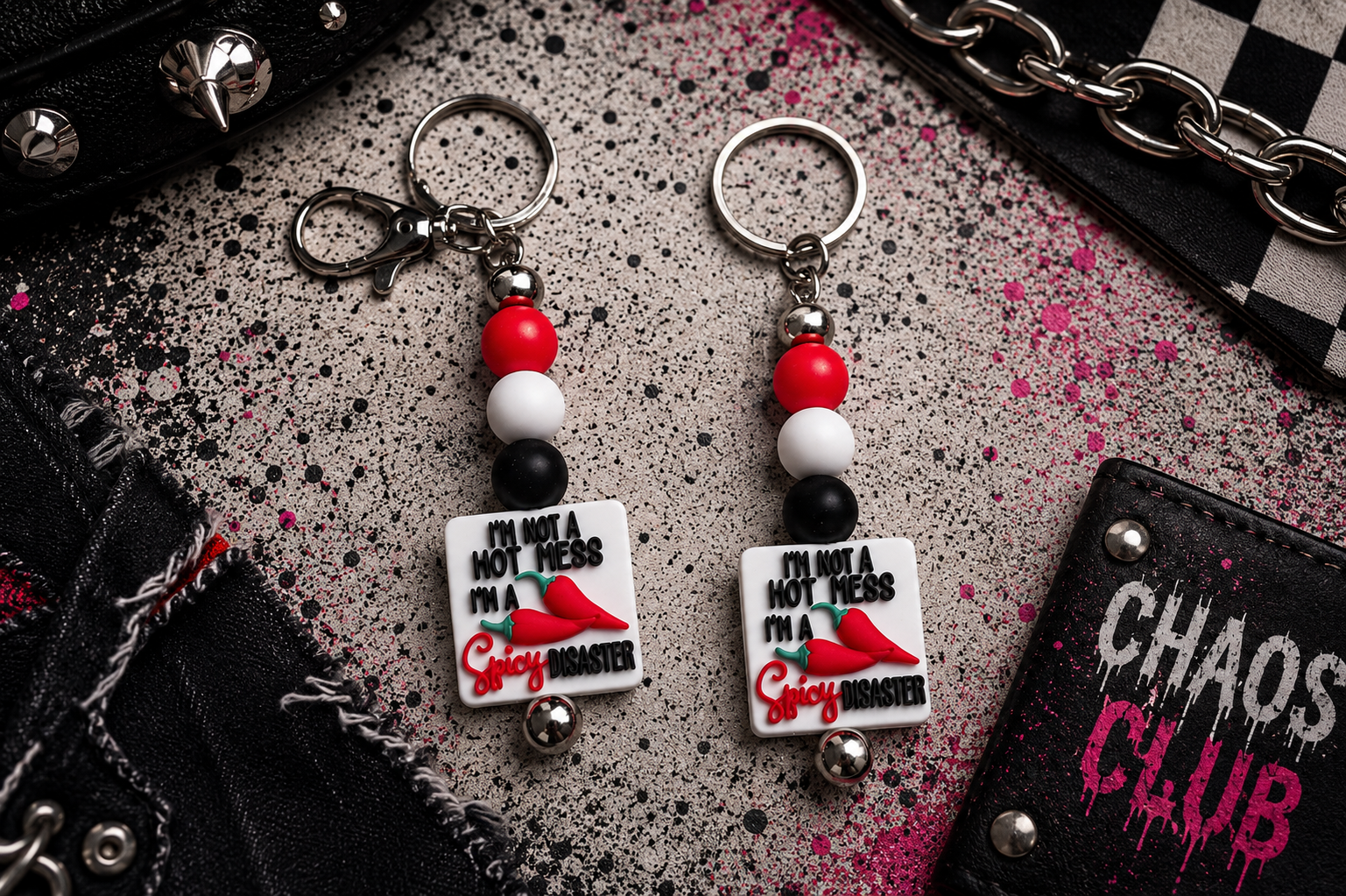 I'm Not a Hot Mess, I'm a Spicy Disaster Handmade Beaded Keychain | Funny Sarcastic Gift | Black, White & Red Silicone Bead Keychain
