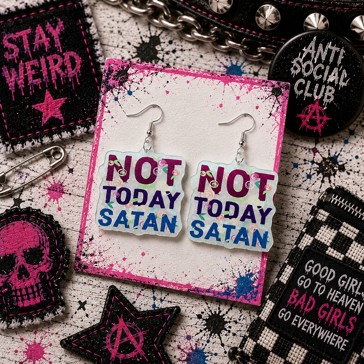 White Pink and Blue Not Today Satan Earrings: Handmade Gothic Witchy Jewelry