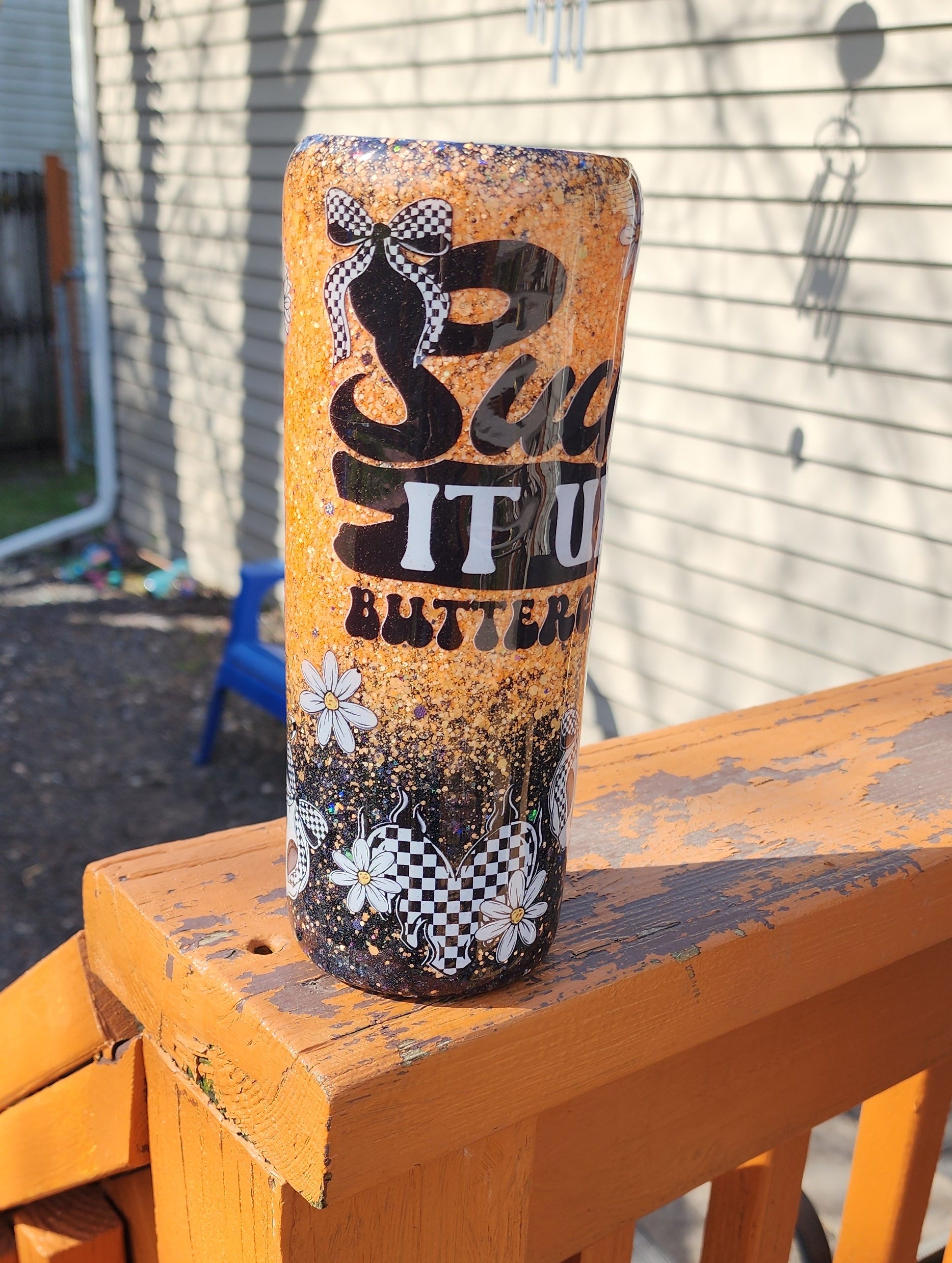 Suck It Up Buttercup Tumbler 20oz Stainless Steel Epoxy Cup, Orange Black Glitter Coffee Cup, Funny Sassy Insulated Drinkware