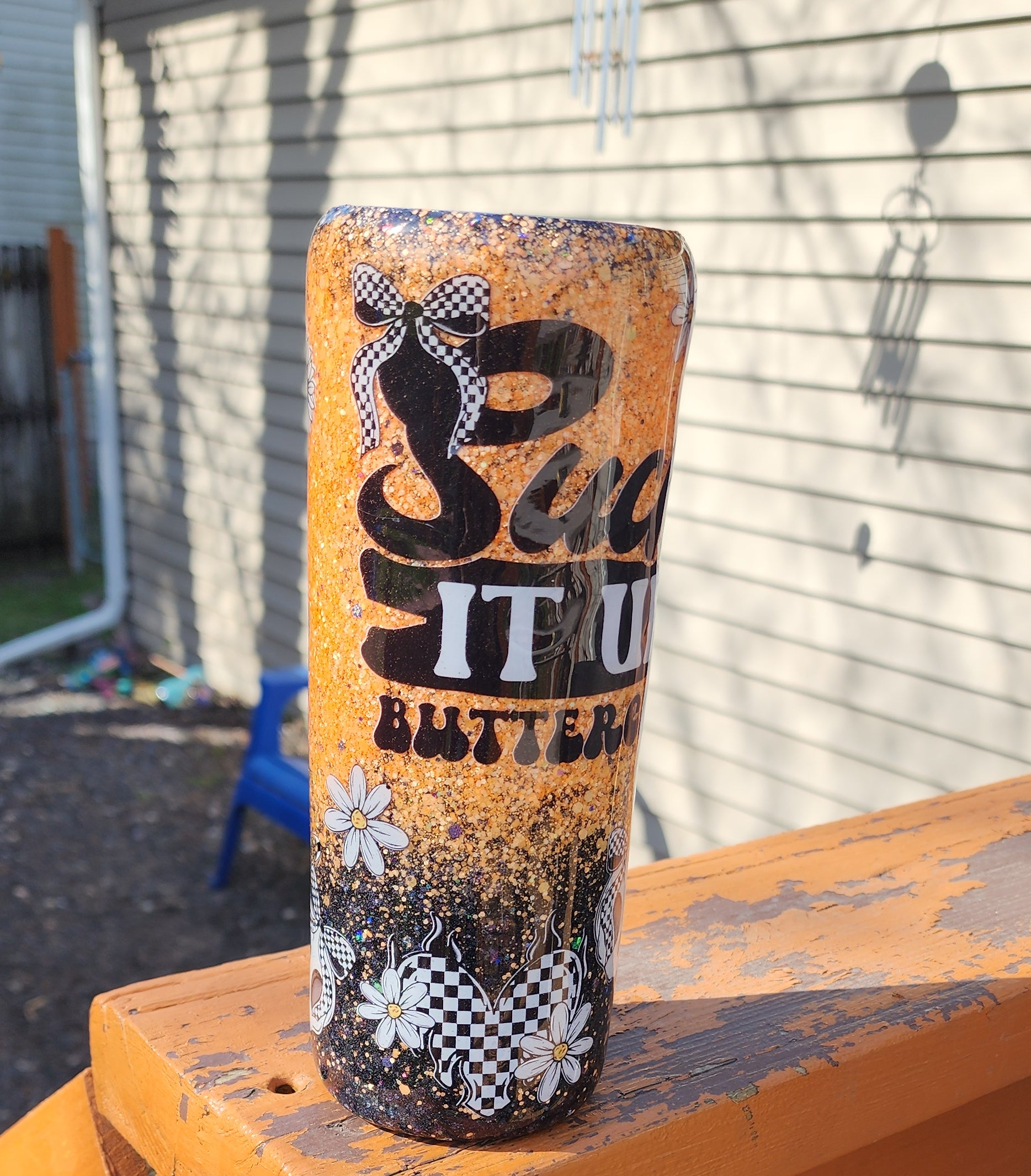 Suck It Up Buttercup Tumbler 20oz Stainless Steel Epoxy Cup, Orange Black Glitter Coffee Cup, Funny Sassy Insulated Drinkware