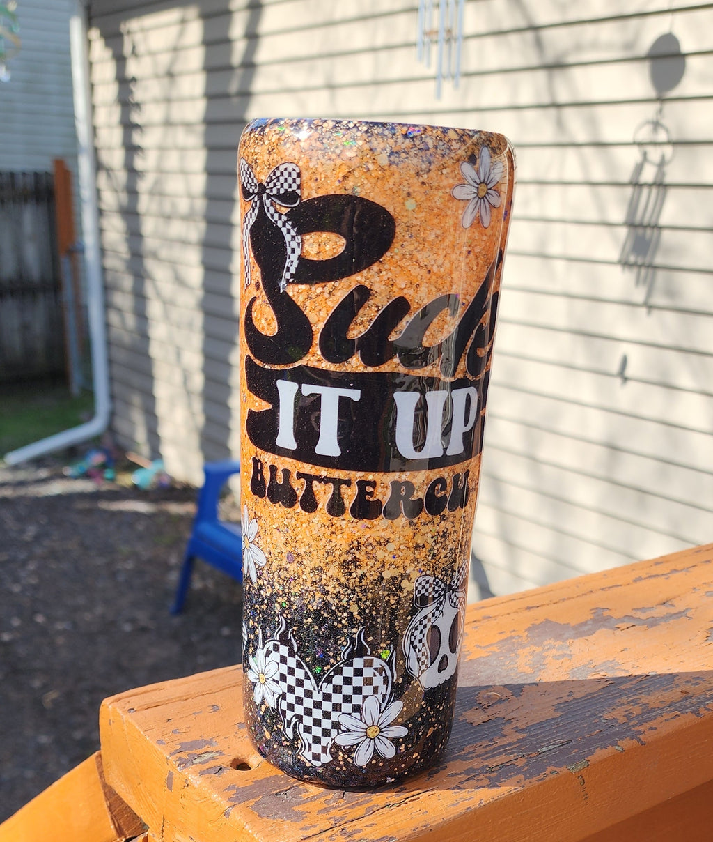 Suck It Up Buttercup Tumbler 20oz Stainless Steel Epoxy Cup, Orange Black Glitter Coffee Cup, Funny Sassy Insulated Drinkware