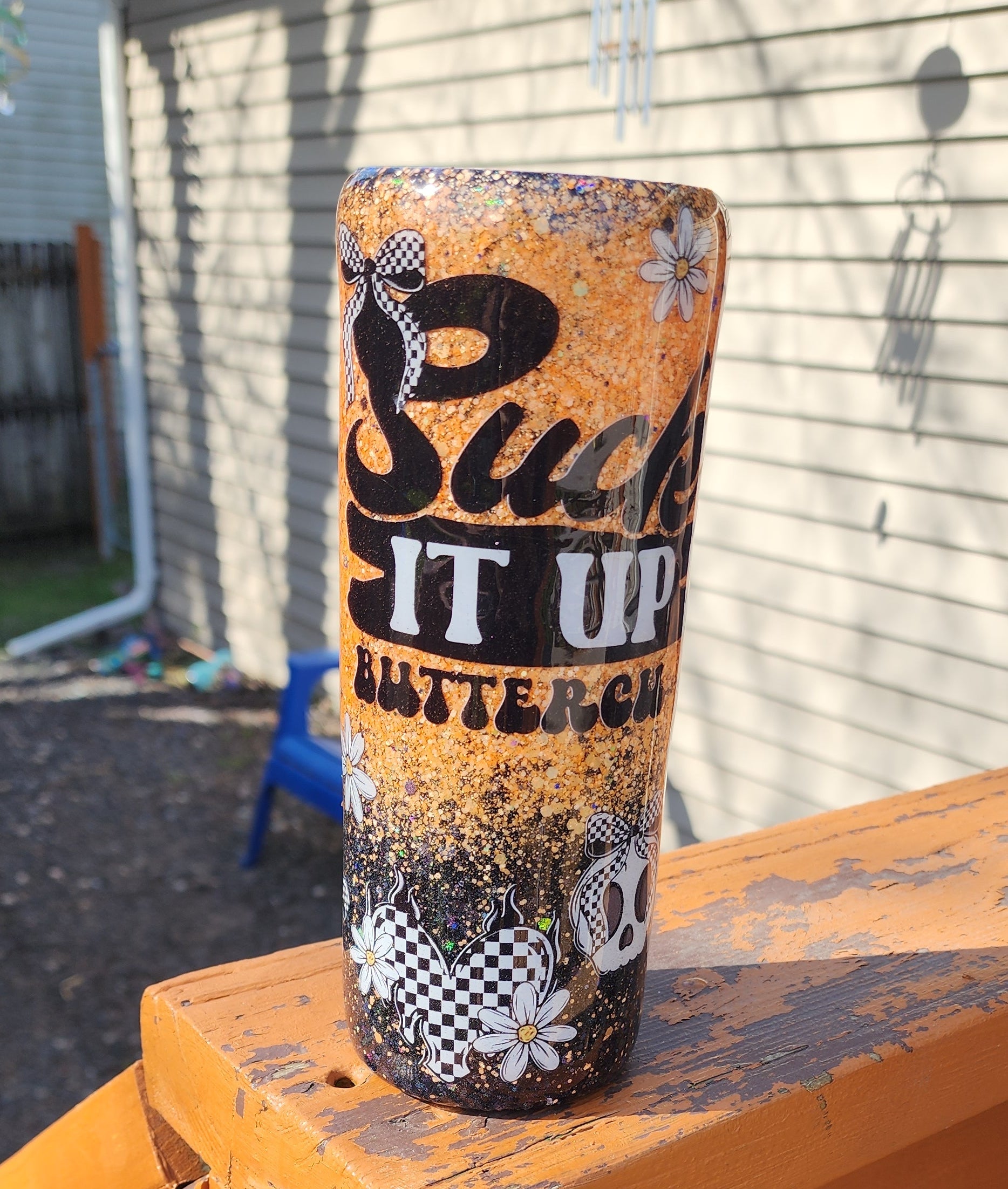 Suck It Up Buttercup Tumbler 20oz Stainless Steel Epoxy Cup, Orange Black Glitter Coffee Cup, Funny Sassy Insulated Drinkware
