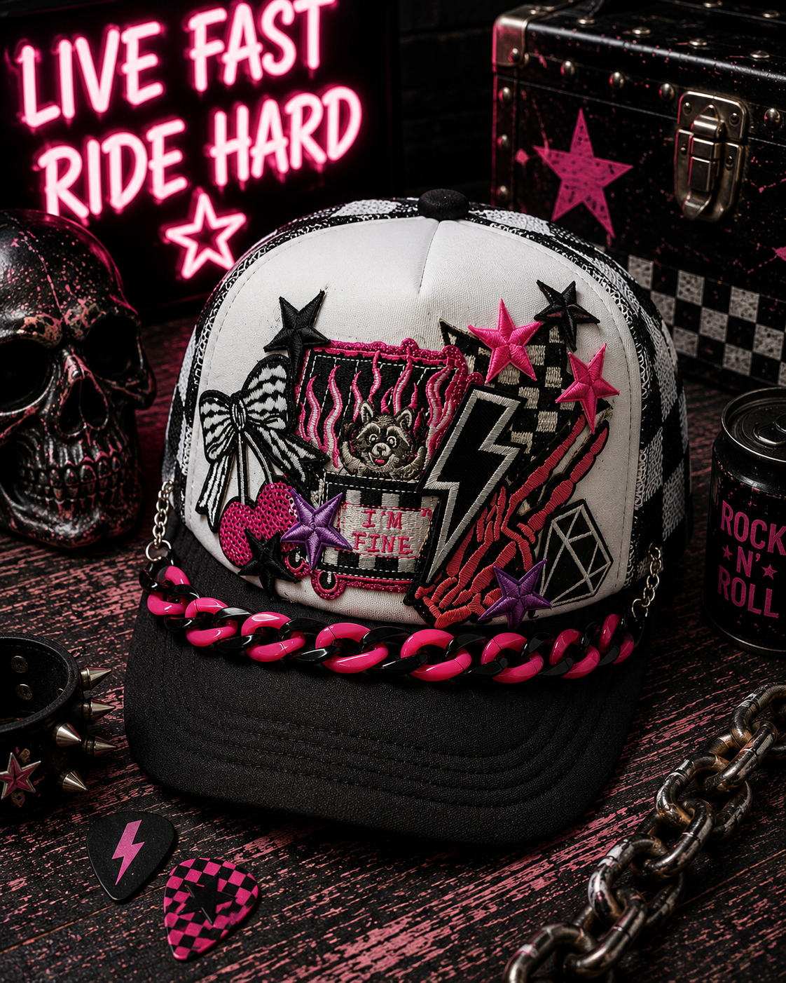 I’m Fine Raccoon Trucker Hat – Black & White Checkered Snapback, Funny Emo Streetwear Cap, Gothic Grunge Alternative Hat
