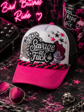 Savage As F*** Trucker Hat – Pink Black & White Snapback with Hat Chain, Sassy Patch Hat, Edgy Biker Babe Cap