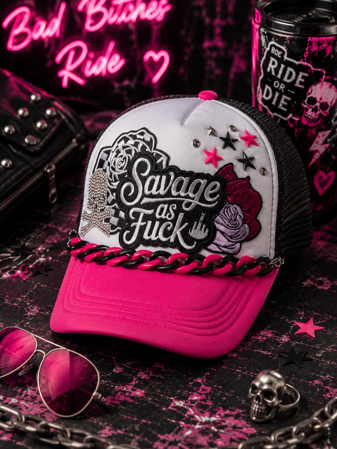 Savage As F*** Trucker Hat – Pink Black & White Snapback with Hat Chain, Sassy Patch Hat, Edgy Biker Babe Cap