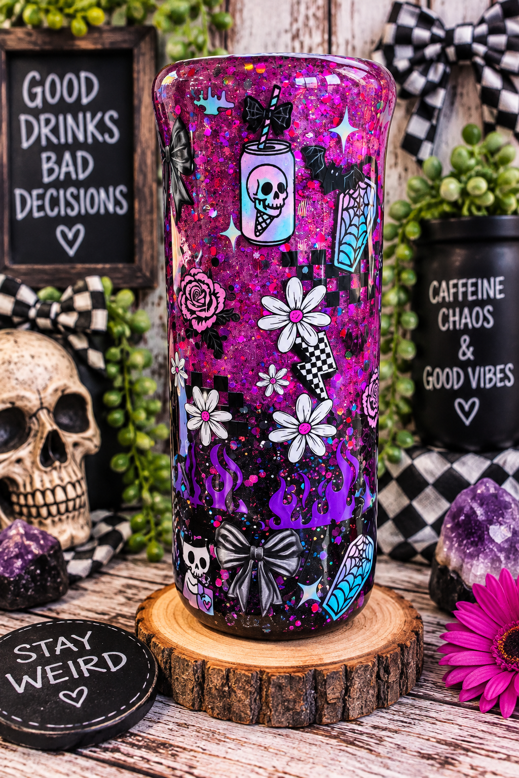 Purple Glitter Epoxy Tumbler | "Hot Mess But Hydrated" Stainless Steel Skinny Cup