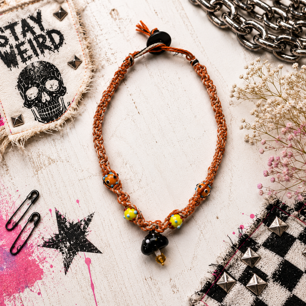 Handmade Orange Hemp Necklace with Glass Mushroom Pendant | Boho Hemp Cord Necklace | Cottagecore Jewelry | Nature Lover Gift | Festival Necklace