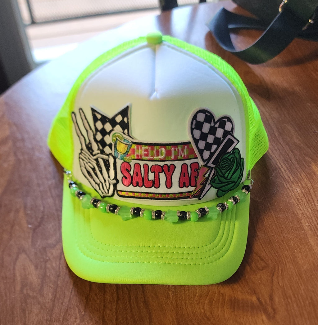 Salty AF Trucker Hat – Neon Green & White Snapback with Checkered Patches, Edgy Festival Hat, Alternative Streetwear Cap