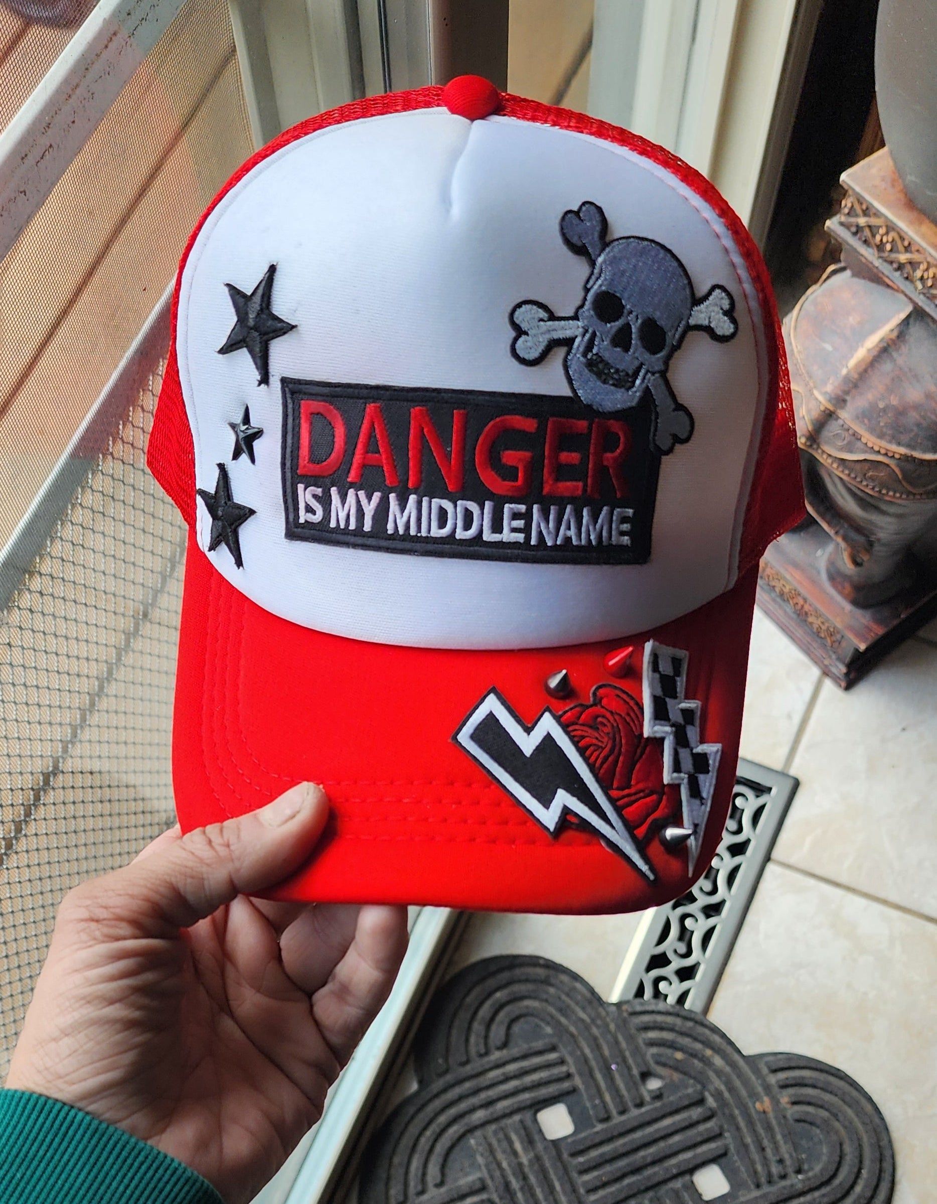 Danger Is My Middle Name Trucker Hat – Red & White Patch Snapback, Edgy Graphic Trucker Cap, Retro Western Biker Hat