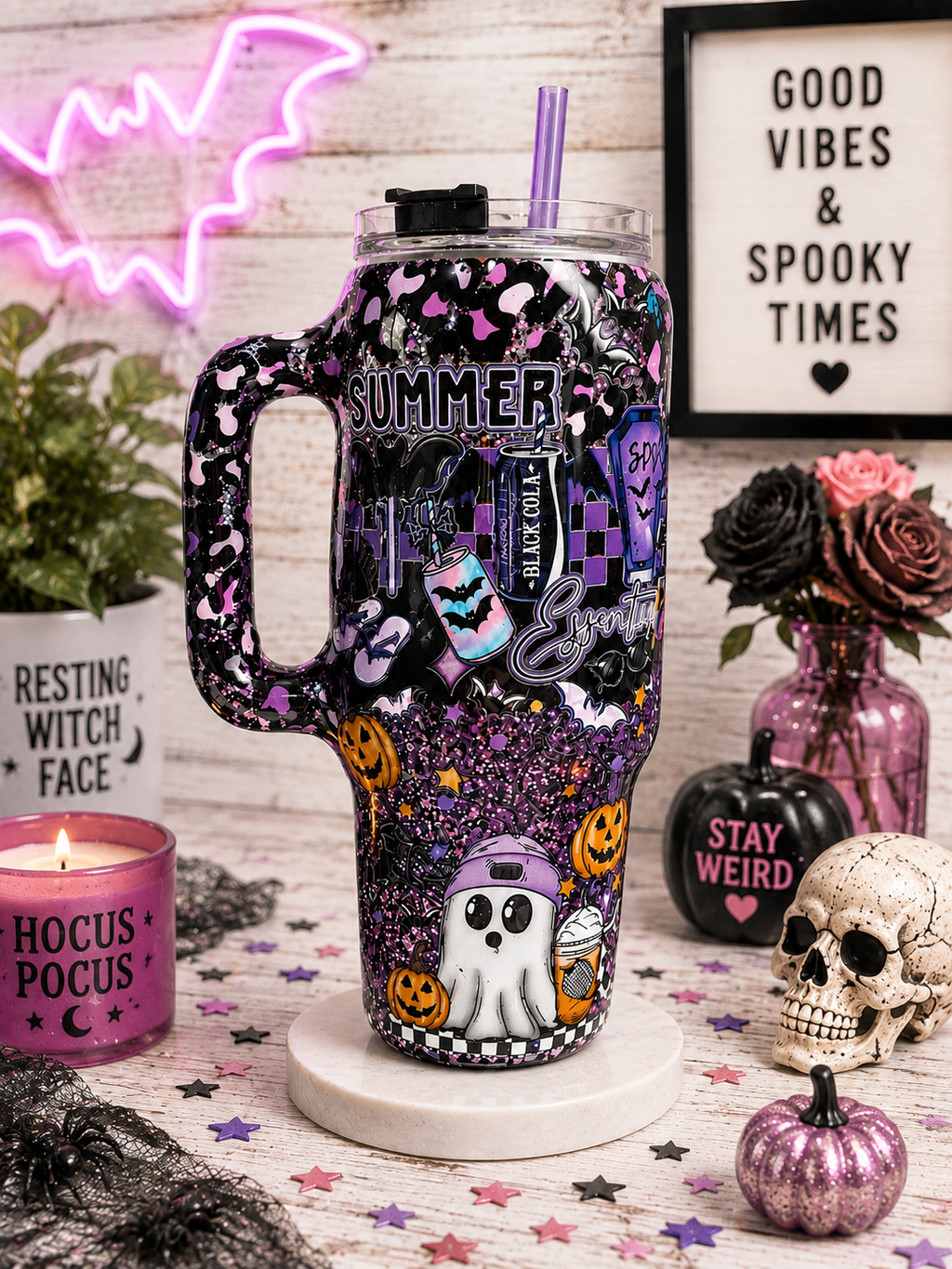 Spooky Summer 40oz Epoxy Tumbler with Handle – Purple & Black Halloween Glitter Cup