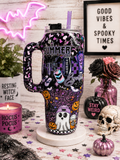 Spooky Summer 40oz Epoxy Tumbler with Handle – Purple & Black Halloween Glitter Cup