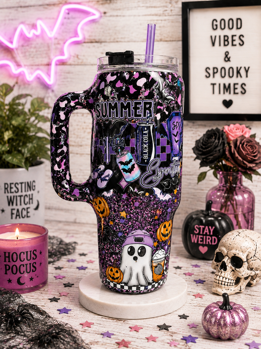 Spooky Summer 40oz Epoxy Tumbler with Handle – Purple & Black Halloween Glitter Cup