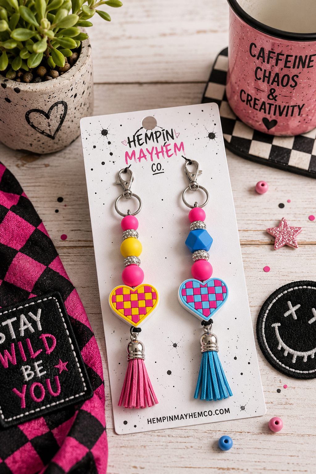 Checkered Heart Beaded Keychain | Handmade Retro Keychain | Cute Backpack & Purse Charm Gift