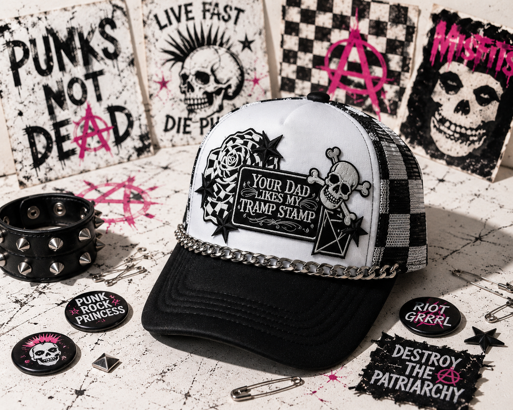 Your Dad Likes My Tramp Stamp Black and White Checkered Trucker Hat | Funny Snapback Hat | Retro Mesh Cap | Sarcastic Gift for Her