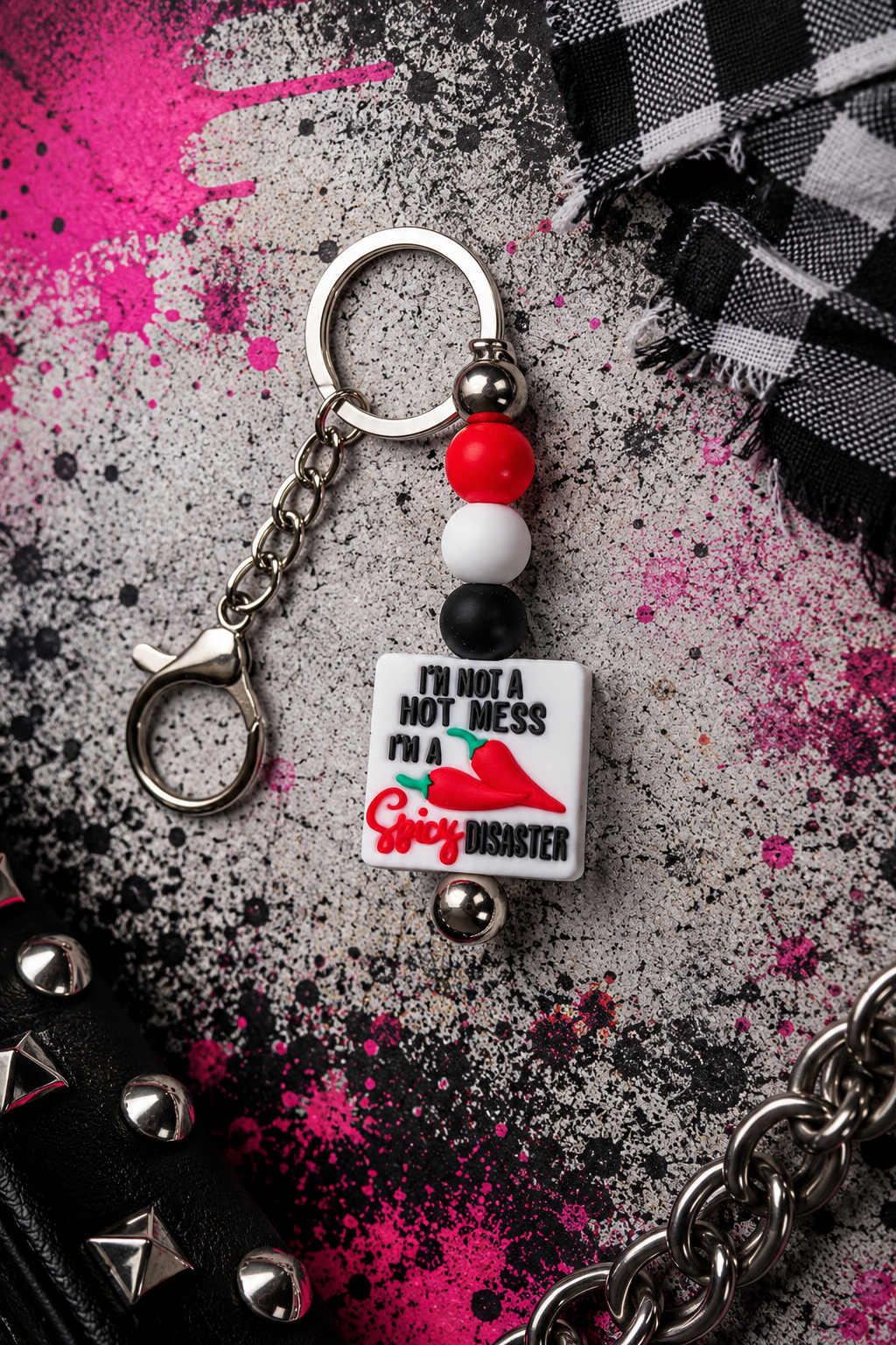 I'm Not a Hot Mess, I'm a Spicy Disaster Handmade Beaded Keychain | Funny Sarcastic Gift | Black, White & Red Silicone Bead Keychain