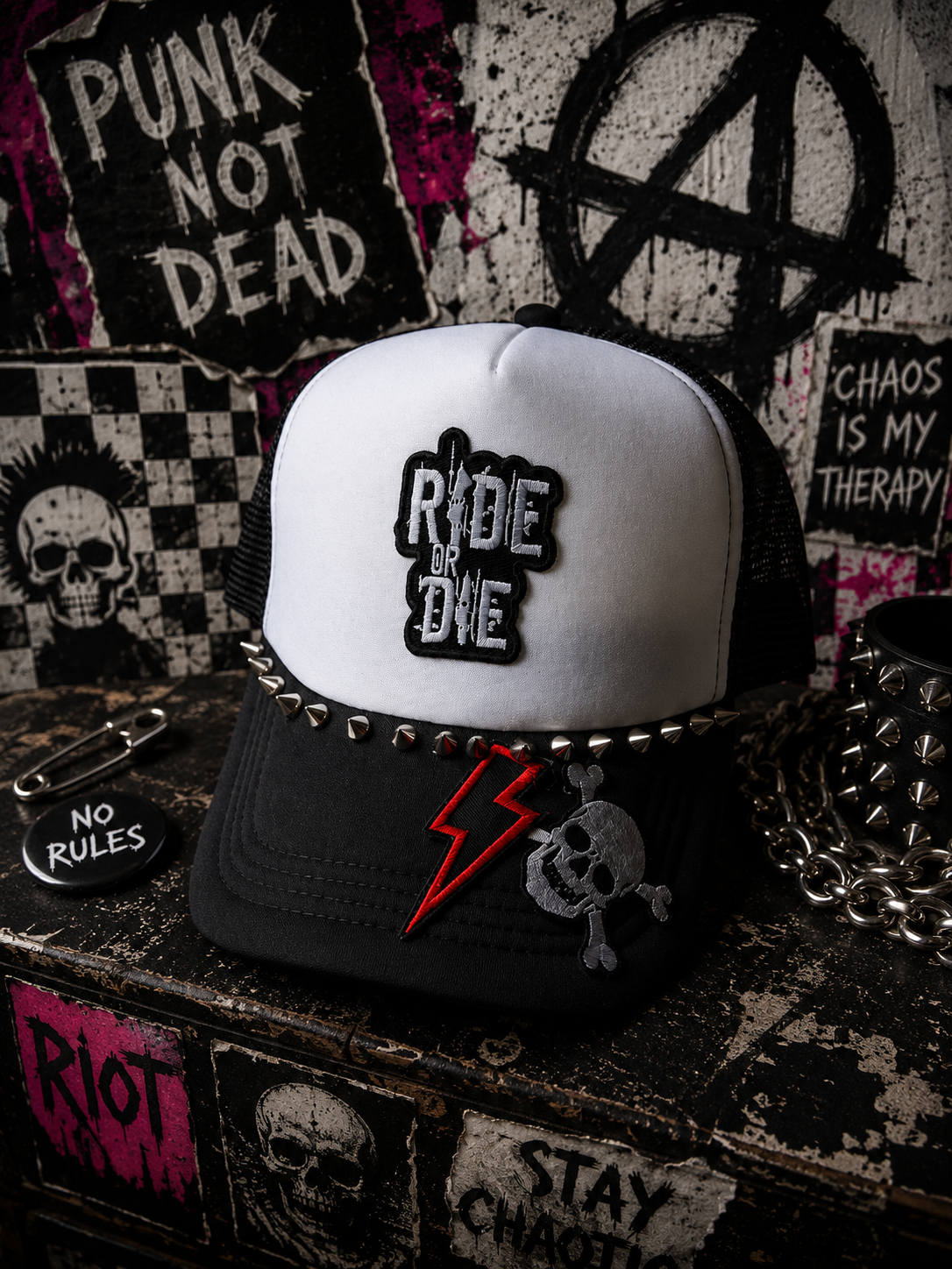 Ride or Die Studded Trucker Hat | Punk Rock Snapback Hat | Black & White Mesh Hat | Handmade Biker Hat | Western Goth Festival Cap | Alternative Streetwear
