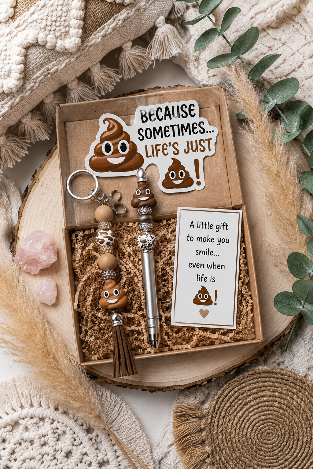 Funny Poop Emoji Gift Set | Handmade Beaded Keychain, Pen & Sticker | Hempin Mayhem