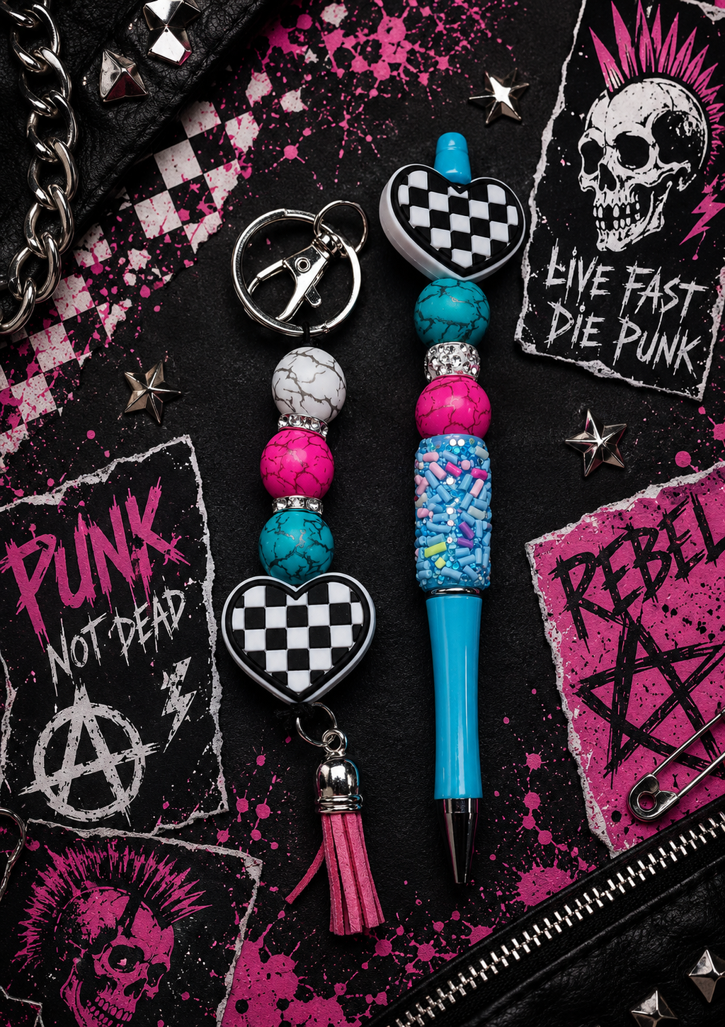 Checkered Heart Gift Set | Handmade Beaded Pen, Hemp Keychain, Vinyl Sticker Bundle | Cute Alternative Gift for Teens, Best Friend & Teacher