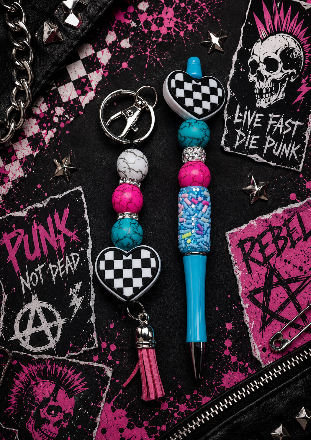 Checkered Heart Gift Set | Handmade Beaded Pen, Hemp Keychain, Vinyl Sticker Bundle | Cute Alternative Gift for Teens, Best Friend & Teacher