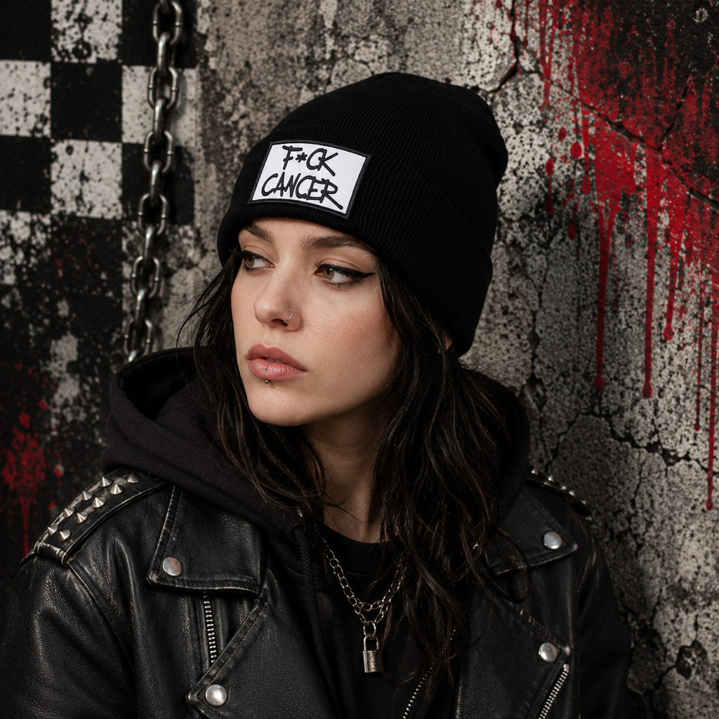A woman wearing a black beanie with a white patch that reads 'F*CK CANCER' and a black leather jacket, posed against a distressed concrete wall with a black-and-white checkered pattern and red paint drips.