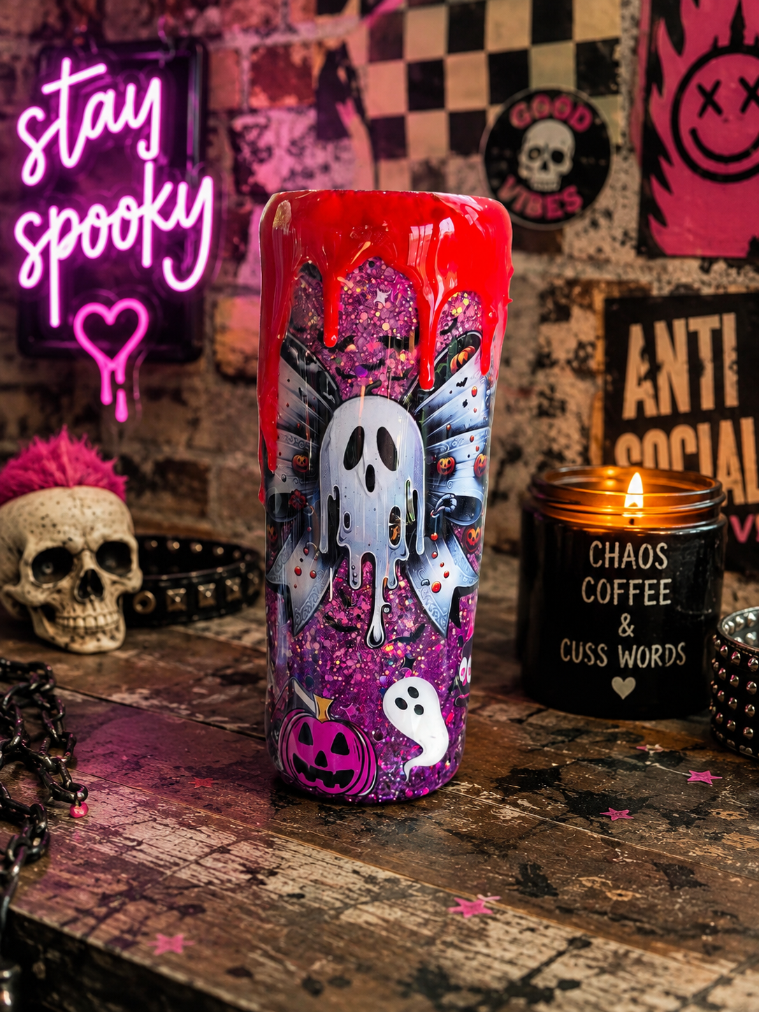 Pink Bow Spooky Tumbler 20oz – Cute Ghost Epoxy Cup, Kawaii Halloween Drinkware, Glitter Stainless Steel Coffee Cup