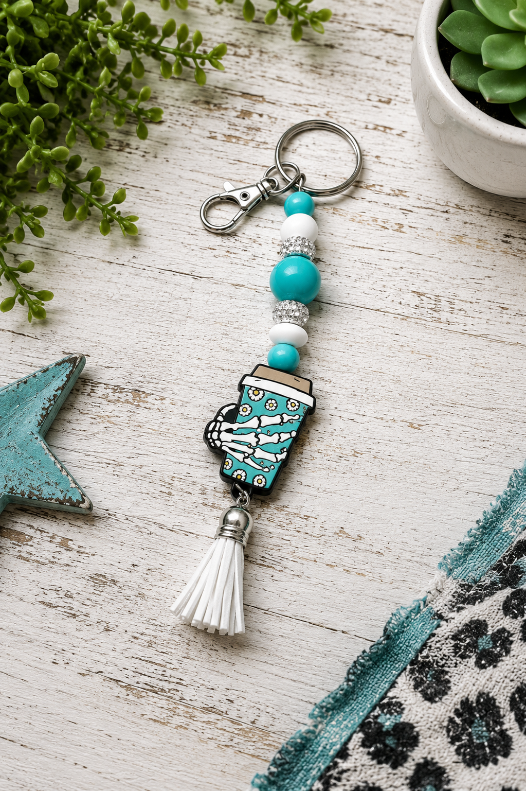 Turquoise & White Skull Hand Coffee Mug Keychain | Handmade Gothic Beaded Keychain | Spooky Coffee Lover Gift | Halloween Bag Charm | Alternative Accessory