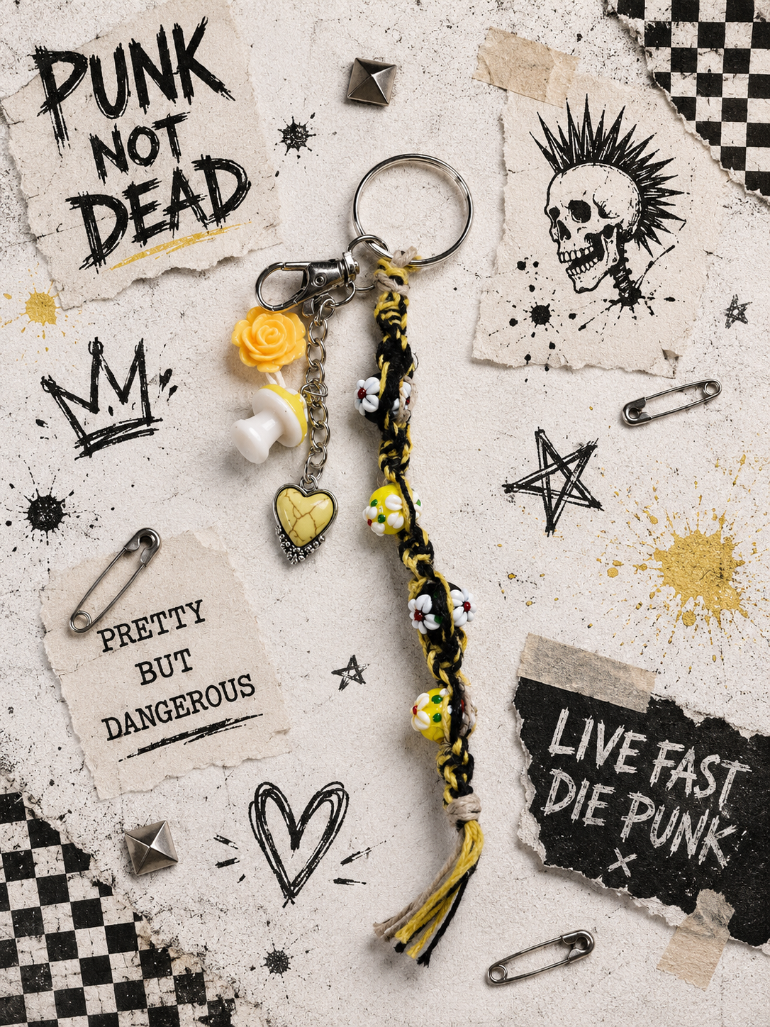 Yellow & White Hemp Keychain with Flower Beads & Mushroom Charms | Cottagecore Boho Bag Charm
