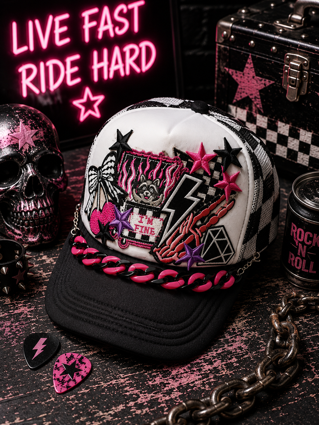 I’m Fine Raccoon Trucker Hat – Black & White Checkered Snapback, Funny Emo Streetwear Cap, Gothic Grunge Alternative Hat