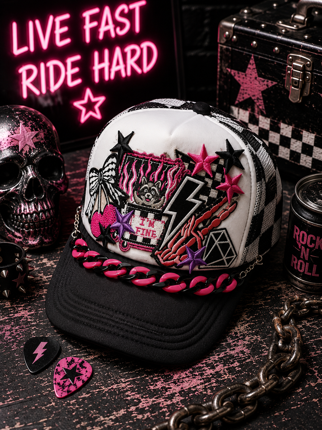 I’m Fine Raccoon Trucker Hat – Black & White Checkered Snapback, Funny Emo Streetwear Cap, Gothic Grunge Alternative Hat
