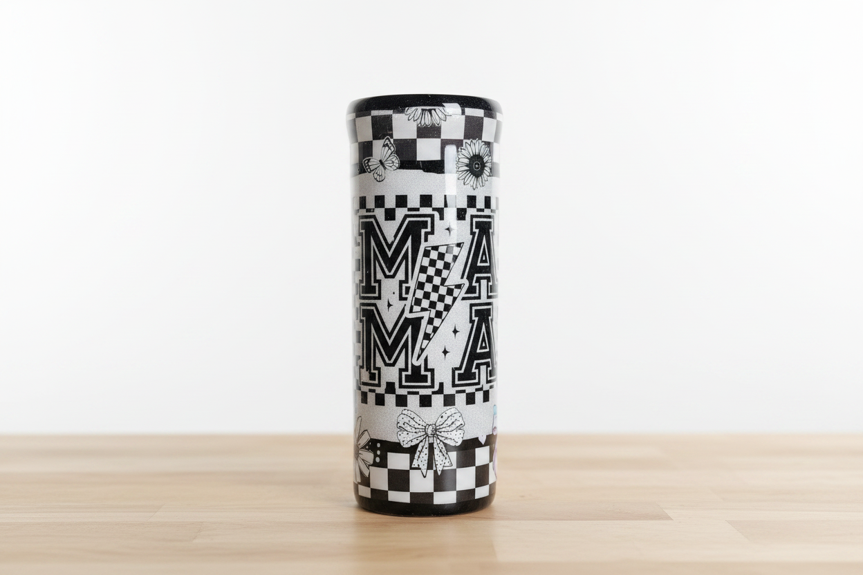 Checkered Mama Tumbler 20oz – Black White Epoxy Cup, Trendy Mom Gift, Stainless Steel Coffee Cup, Handmade Travel Mug