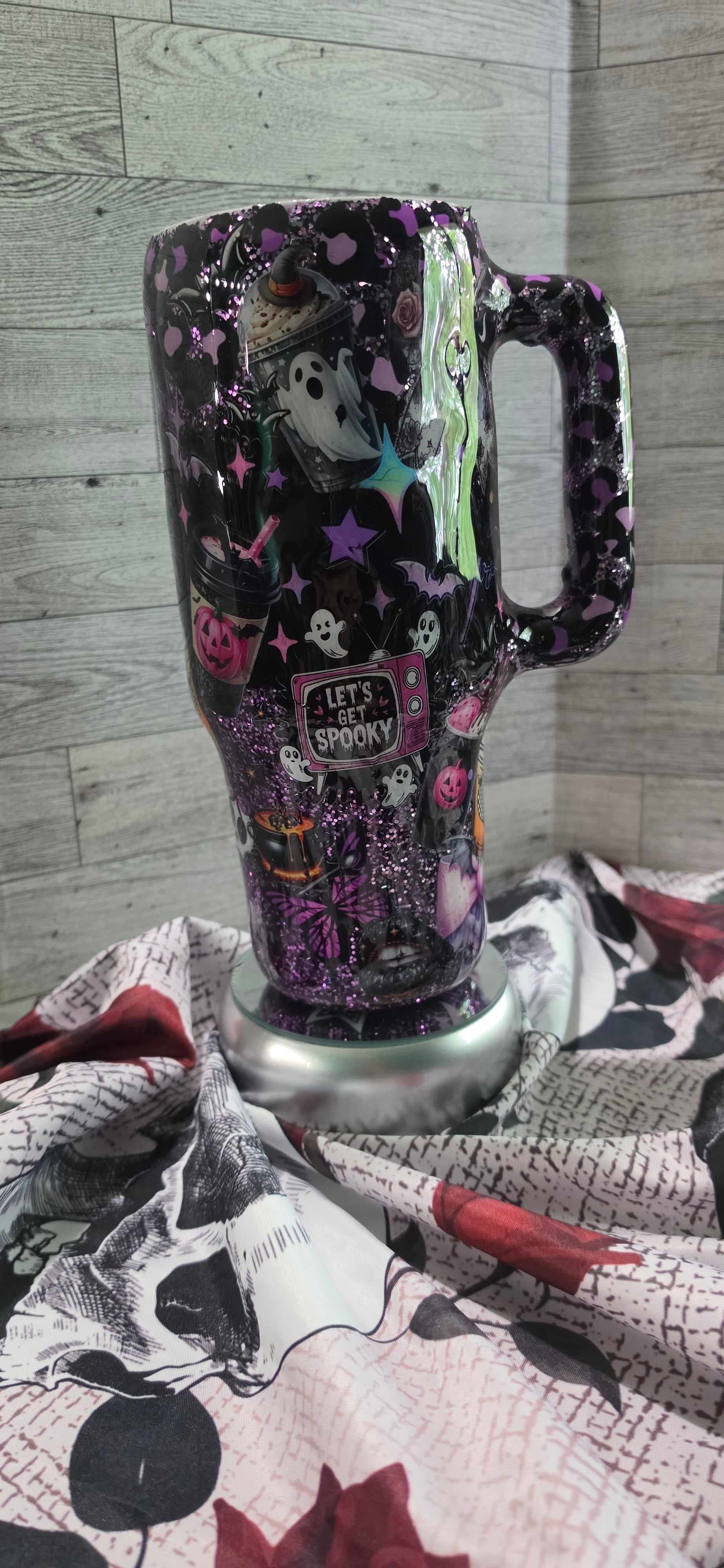 Spooky Summer 40oz Epoxy Tumbler with Handle – Purple & Black Halloween Glitter Cup